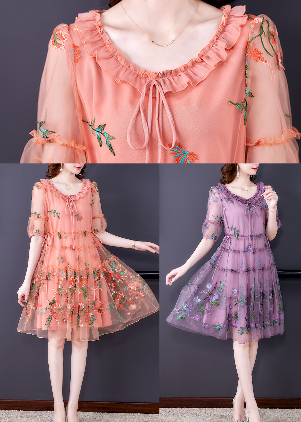 V Neck Tie Front Puff Sleeve Tiered Embroidered Mesh Midi Dress 5
