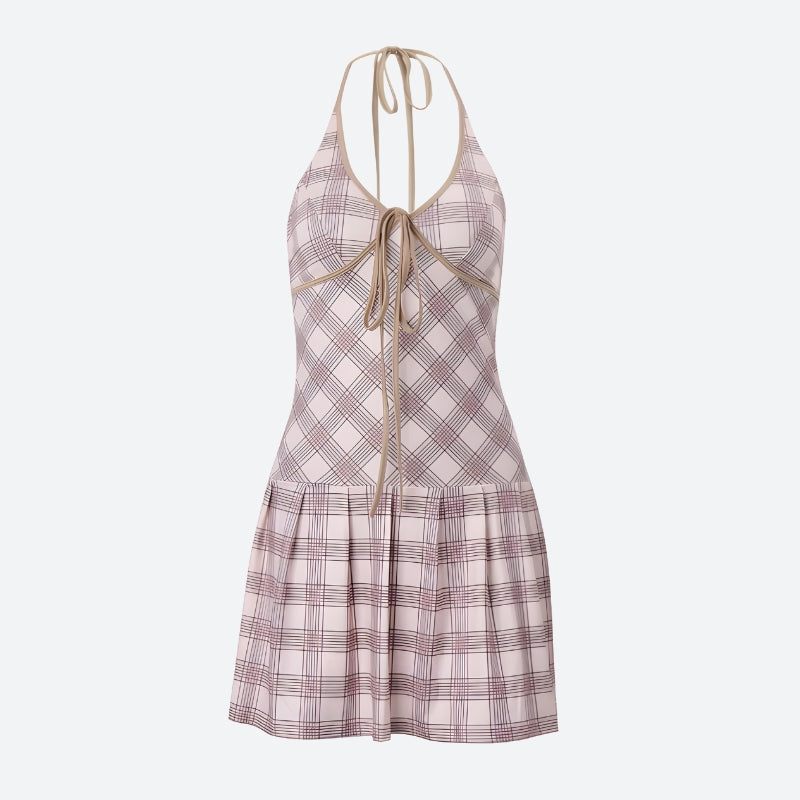 Plaid Halter Neck Tie Front Pleated Ruffle Mini Dress 4