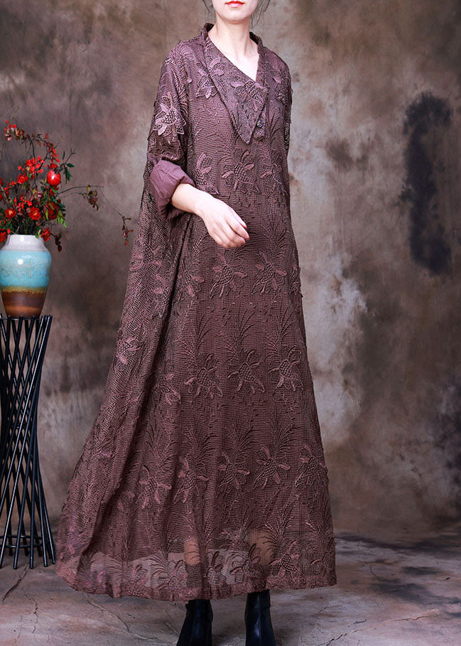 Deep V-Neck Wide Collar Floral Embroidered Mesh Oversized Maxi Dress