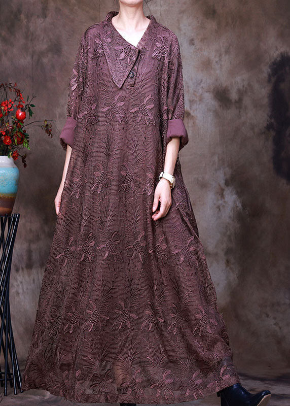 Deep V-Neck Wide Collar Floral Embroidered Mesh Oversized Maxi Dress 2