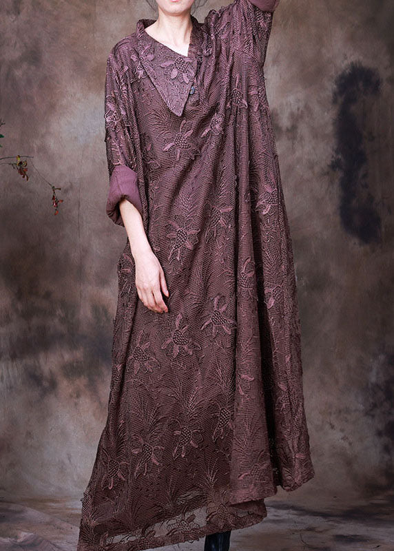 Deep V-Neck Wide Collar Floral Embroidered Mesh Oversized Maxi Dress 3