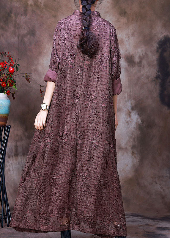 Deep V-Neck Wide Collar Floral Embroidered Mesh Oversized Maxi Dress 4