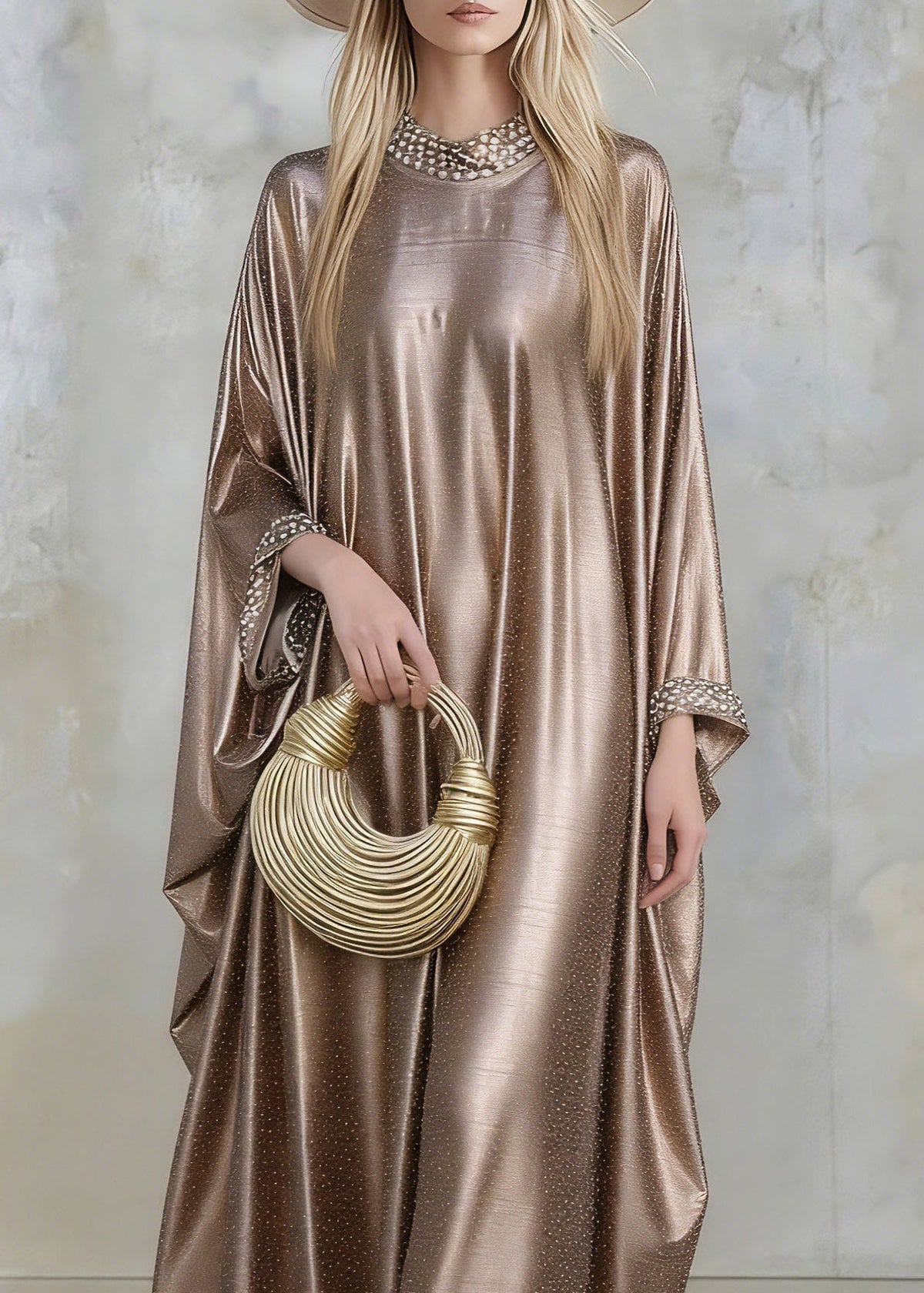 Crew Neck Pearl Bead Cuff Shimmering Ribbed Metallic Kaftan Maxi Dress 2