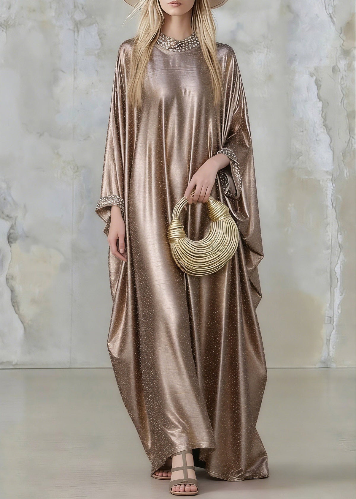 Crew Neck Pearl Bead Cuff Shimmering Ribbed Metallic Kaftan Maxi Dress 3