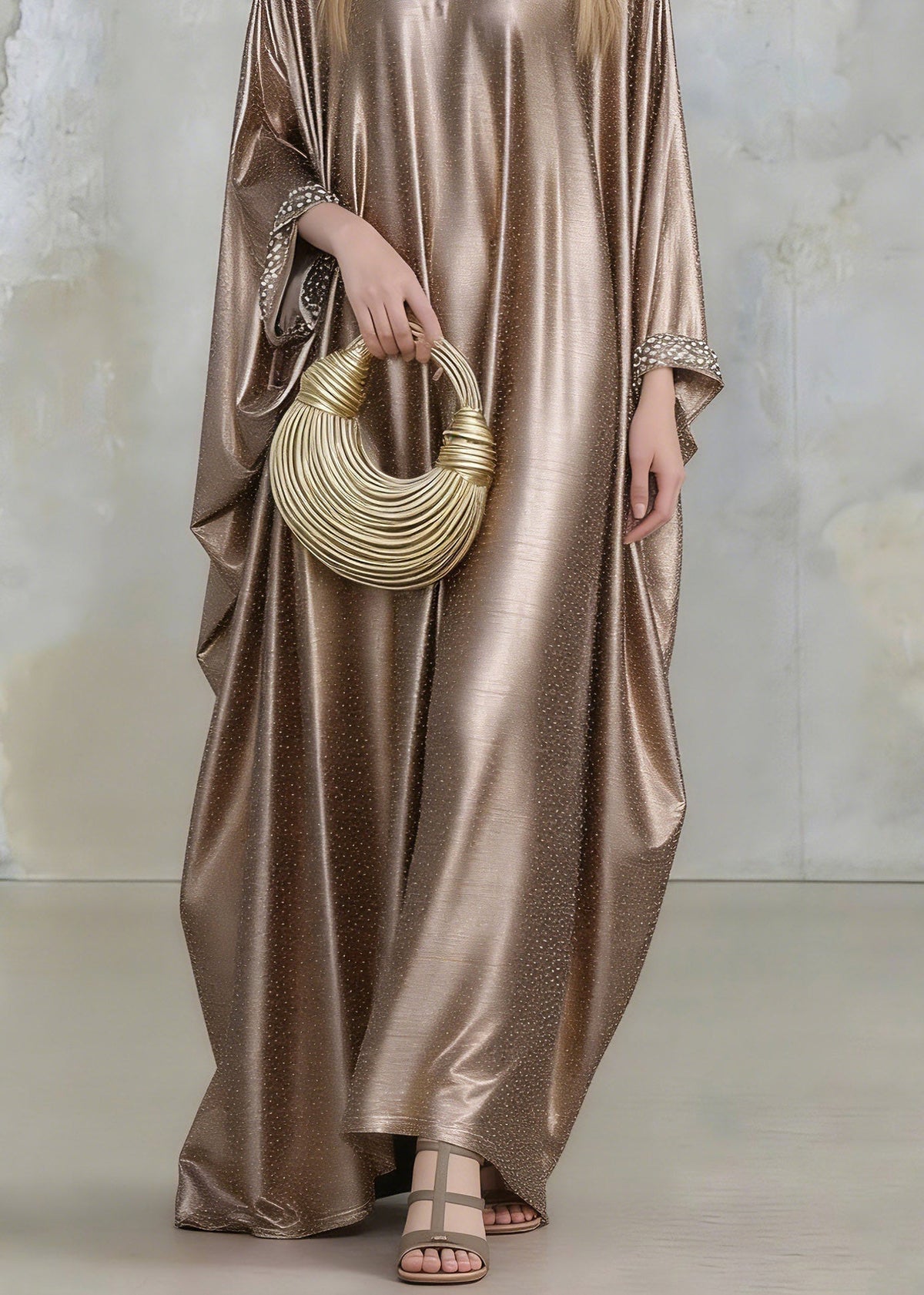 Crew Neck Pearl Bead Cuff Shimmering Ribbed Metallic Kaftan Maxi Dress 4