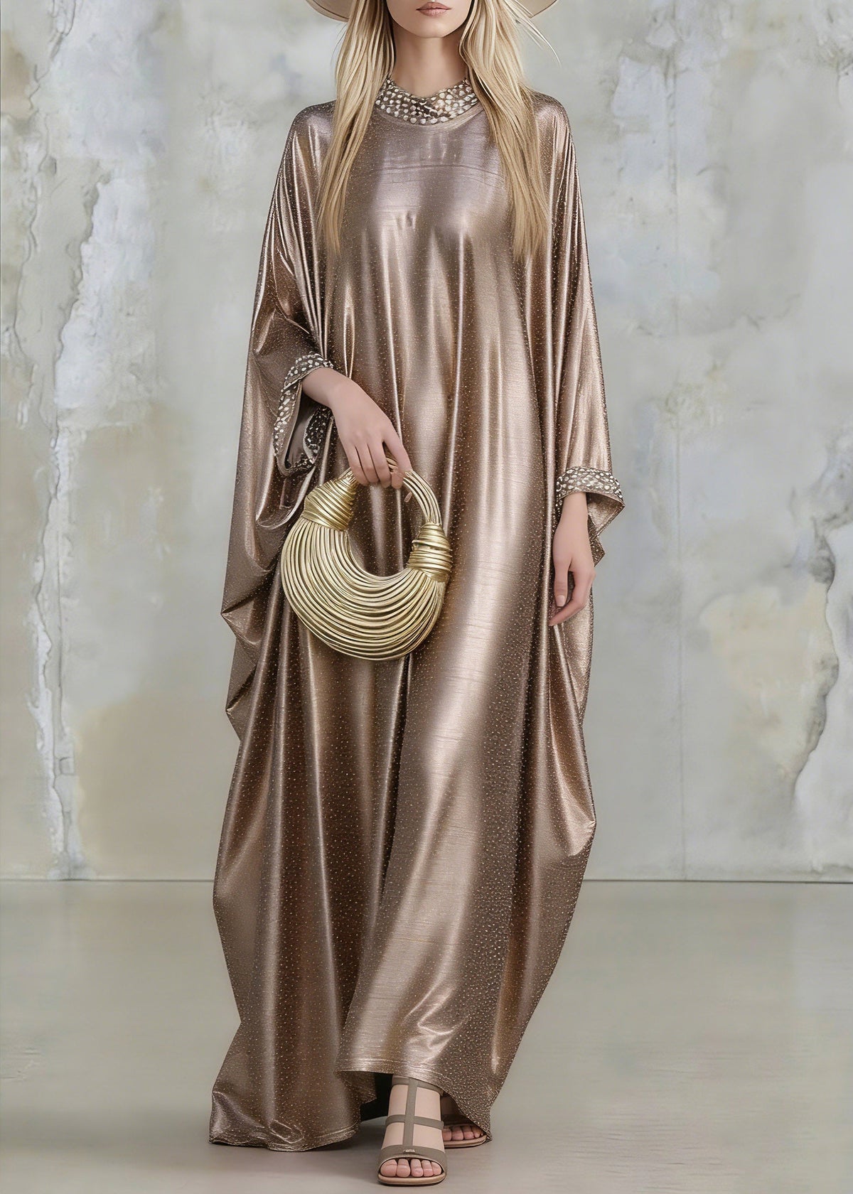 Crew Neck Pearl Bead Cuff Shimmering Ribbed Metallic Kaftan Maxi Dress 5