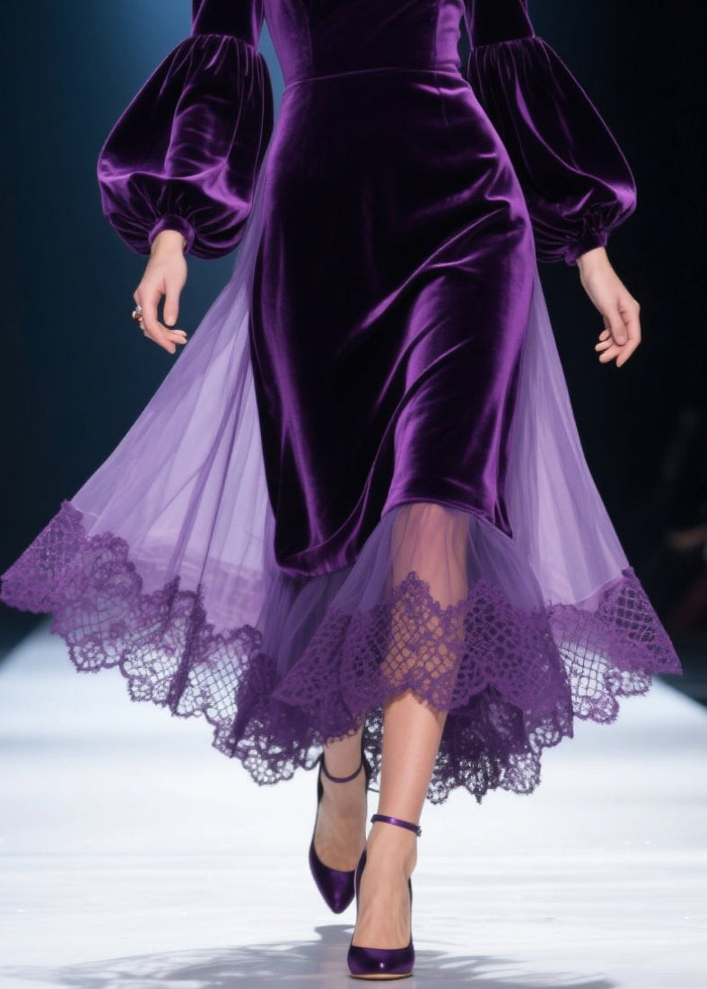 Deep V-Neck Bishop Sleeve Lace Panel Mesh Skirt Scalloped Hem Velvet Midi Gown 4