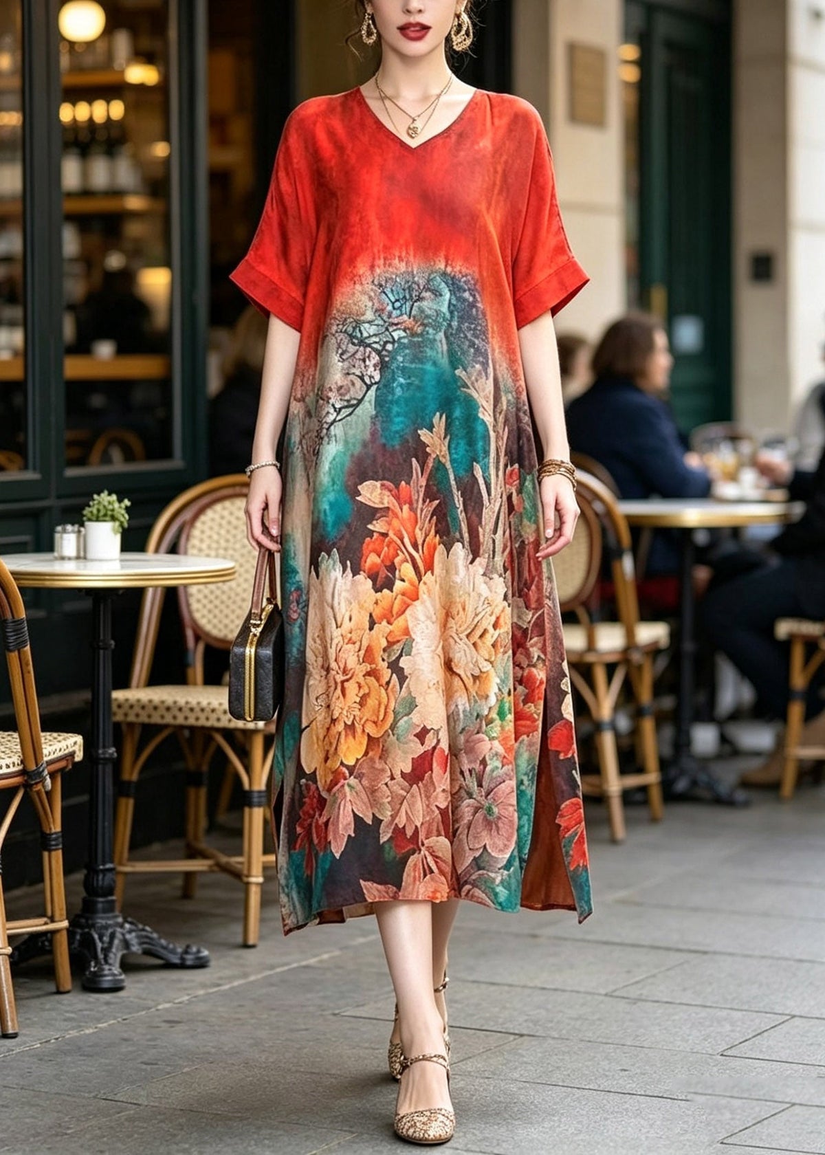 V-Neck Landscape Print Kimono Sleeve Side Slit Maxi Dress