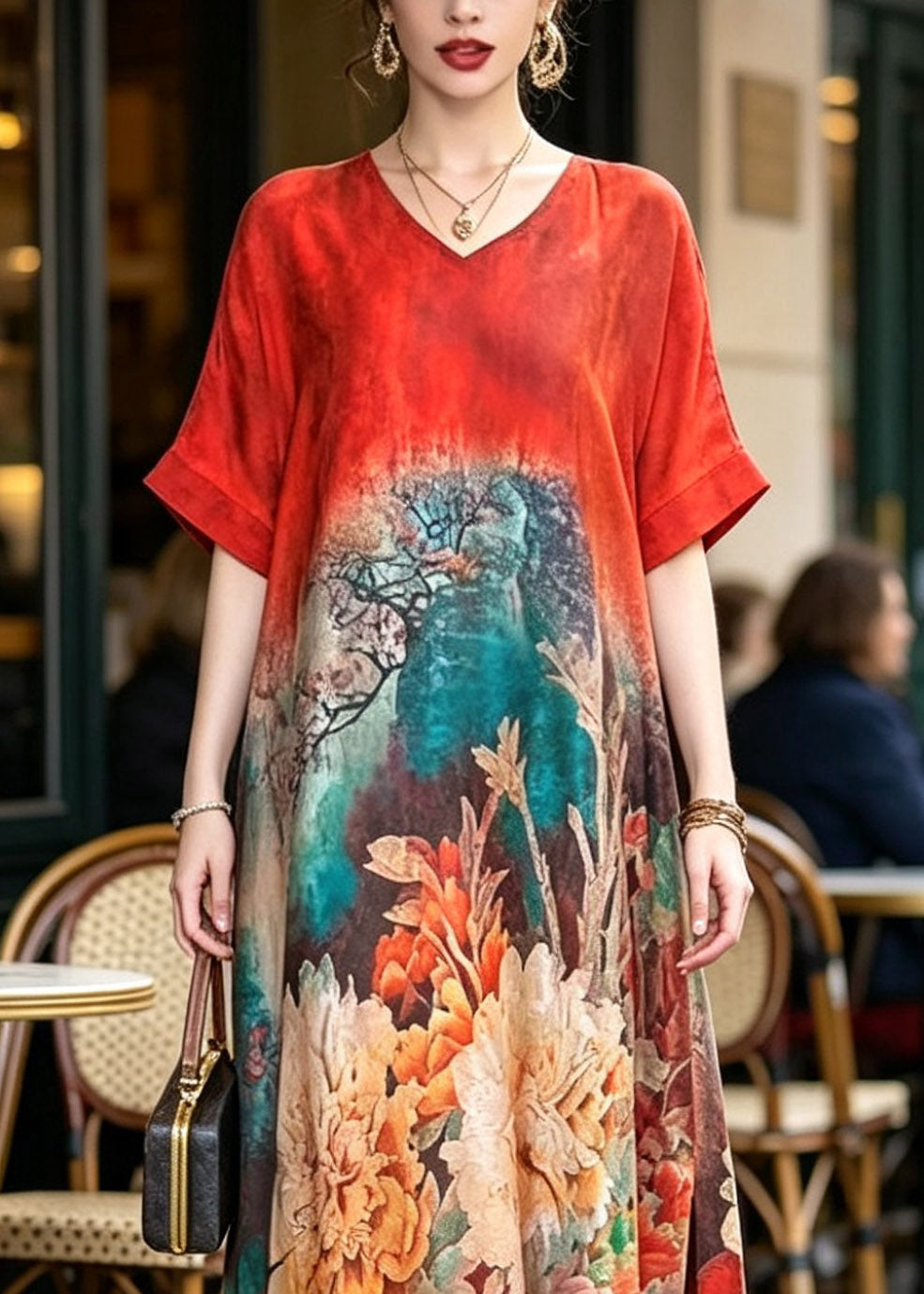 V-Neck Landscape Print Kimono Sleeve Side Slit Maxi Dress 2