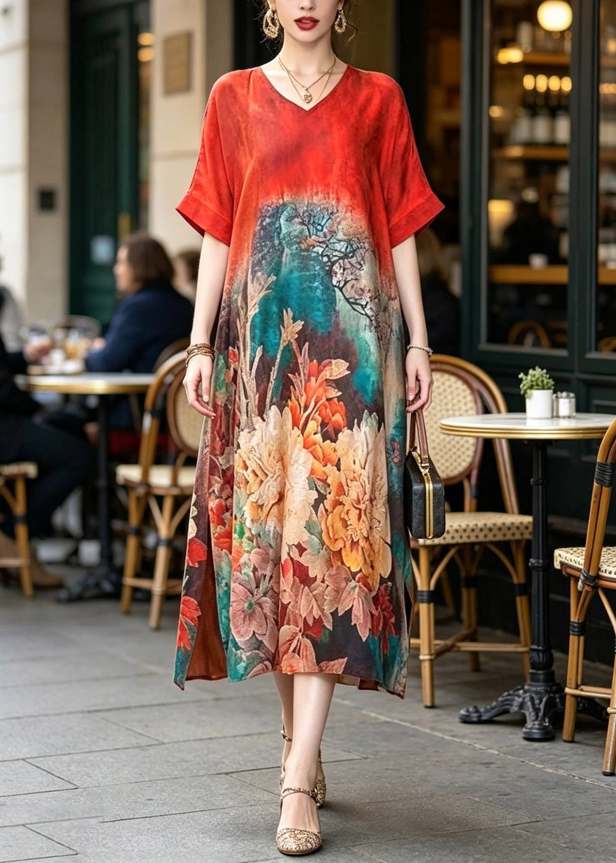 V-Neck Landscape Print Kimono Sleeve Side Slit Maxi Dress 3