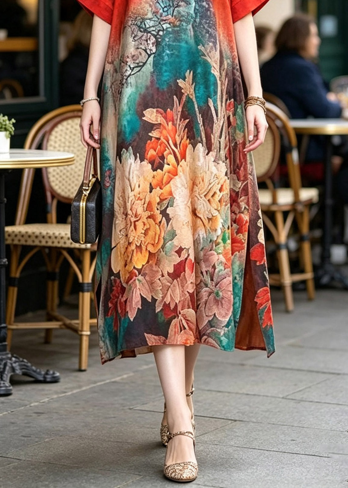 V-Neck Landscape Print Kimono Sleeve Side Slit Maxi Dress 4
