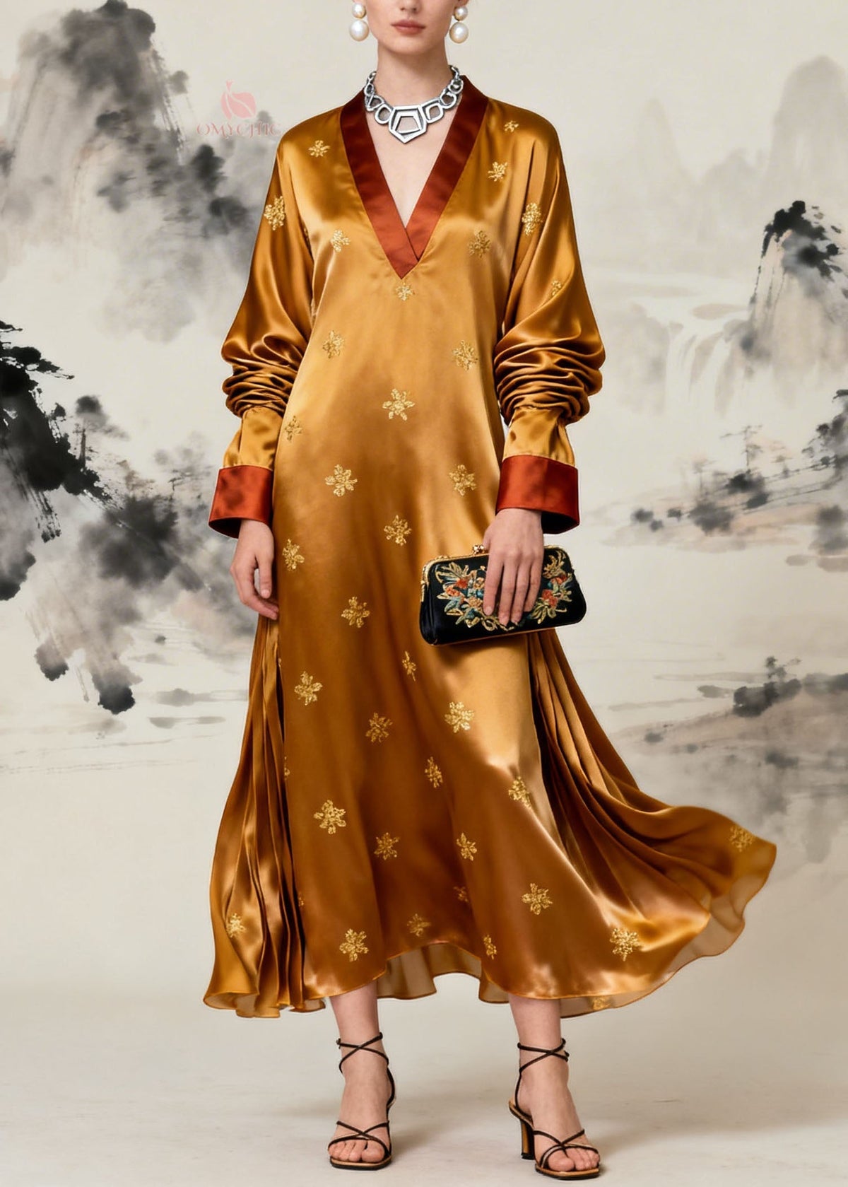 Deep V-Neck Patchwork Wide Sleeve Maxi Kaftan Dress 3
