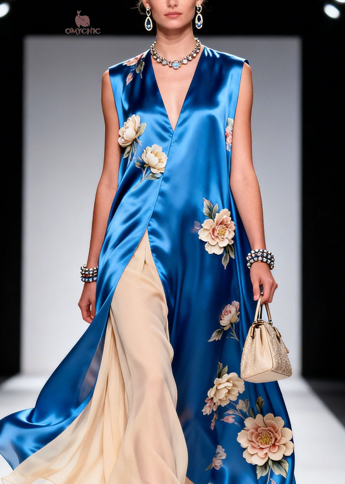 Deep V Neck Floral Applique Satin Tunic Pleated Chiffon Maxi Dress 2