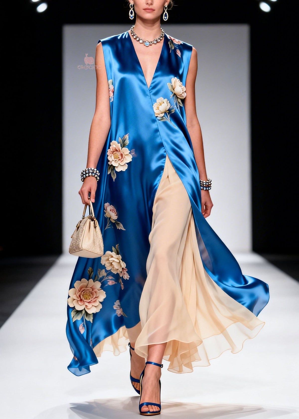 Deep V Neck Floral Applique Satin Tunic Pleated Chiffon Maxi Dress 3