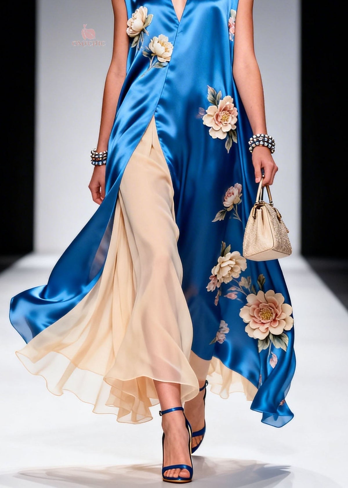 Deep V Neck Floral Applique Satin Tunic Pleated Chiffon Maxi Dress 4
