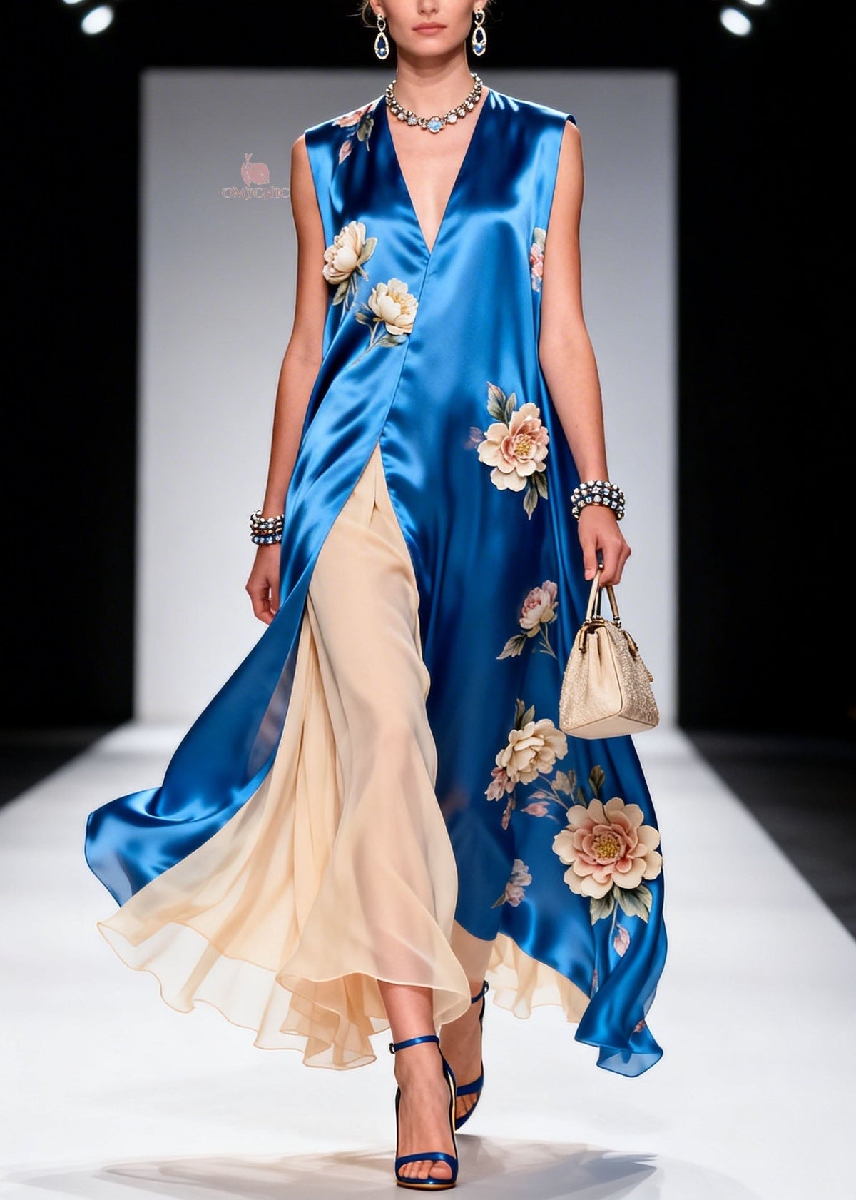 Deep V Neck Floral Applique Satin Tunic Pleated Chiffon Maxi Dress 5