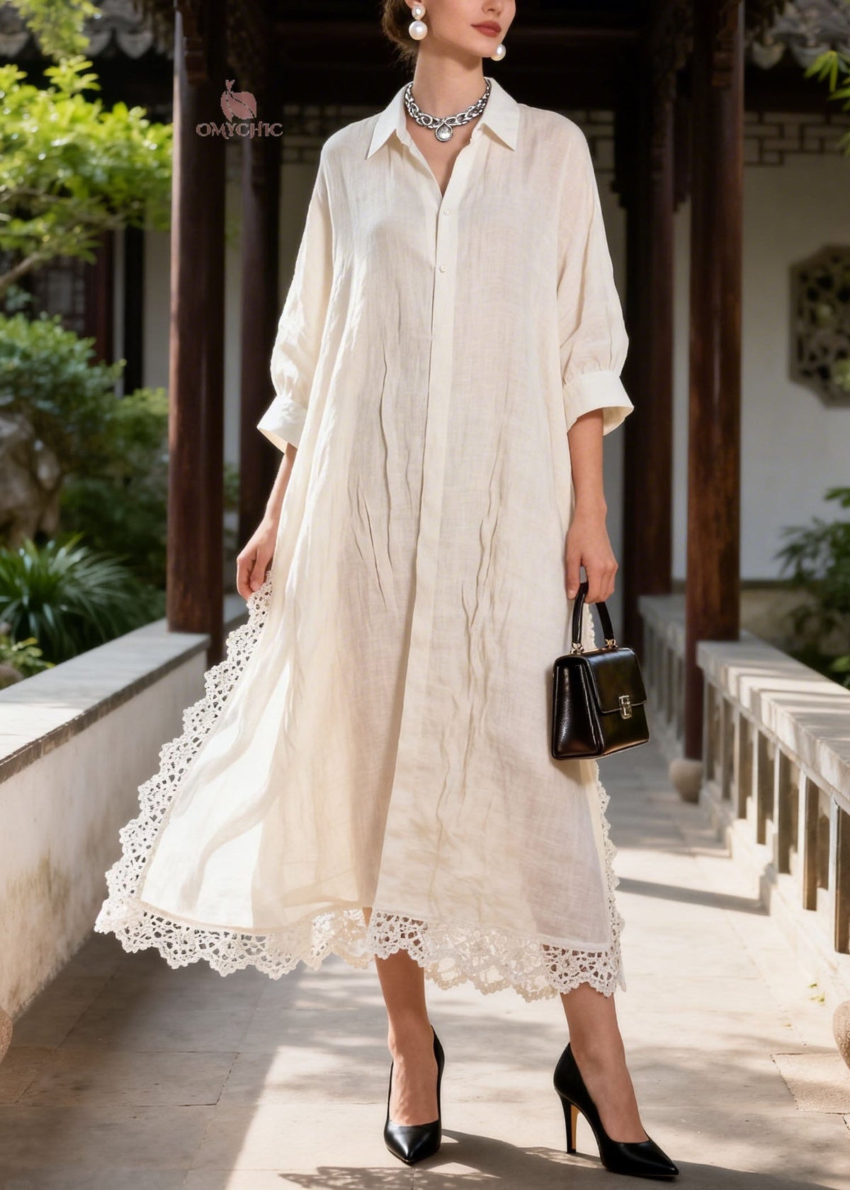 Collared Button Front Lace Trim Pintuck Linen Maxi Shirt Dress 3