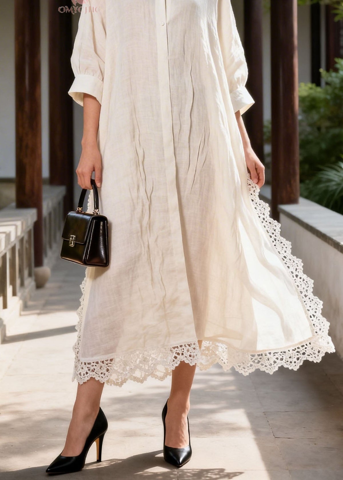 Collared Button Front Lace Trim Pintuck Linen Maxi Shirt Dress 4