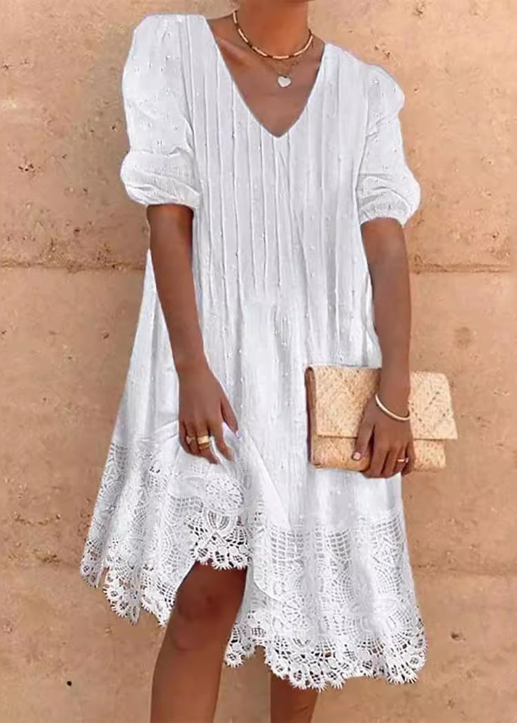 V-Neck Puff Sleeve Pintuck Swiss Dot Crochet Lace Hem Mini Dress