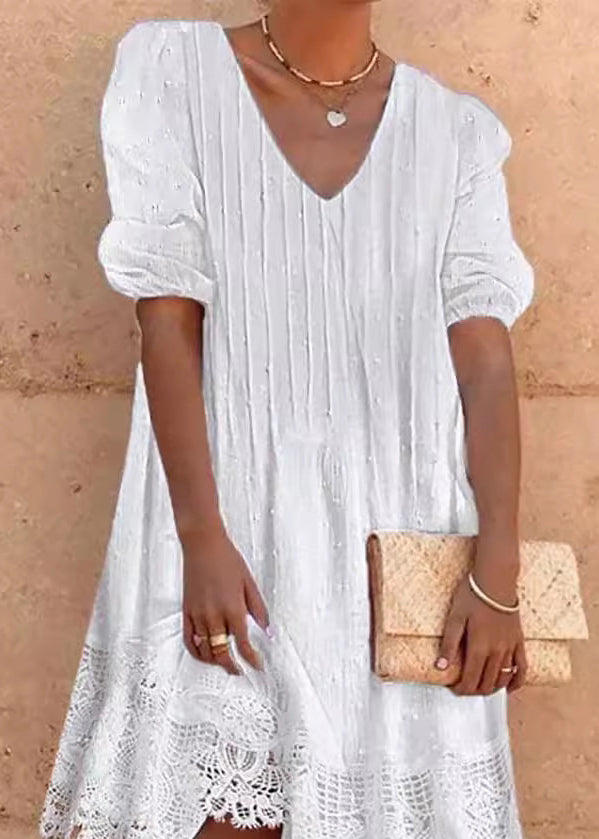 V-Neck Puff Sleeve Pintuck Swiss Dot Crochet Lace Hem Mini Dress 2