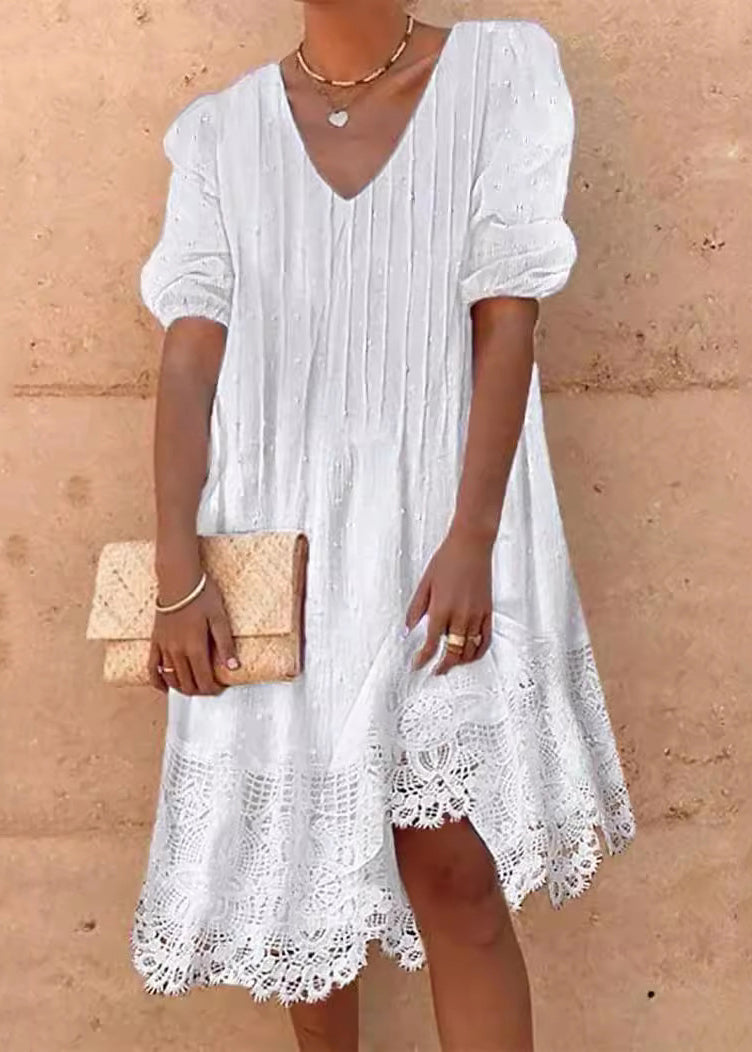 V-Neck Puff Sleeve Pintuck Swiss Dot Crochet Lace Hem Mini Dress 3
