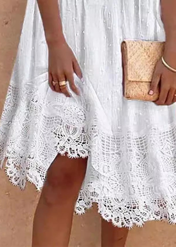 V-Neck Puff Sleeve Pintuck Swiss Dot Crochet Lace Hem Mini Dress 4