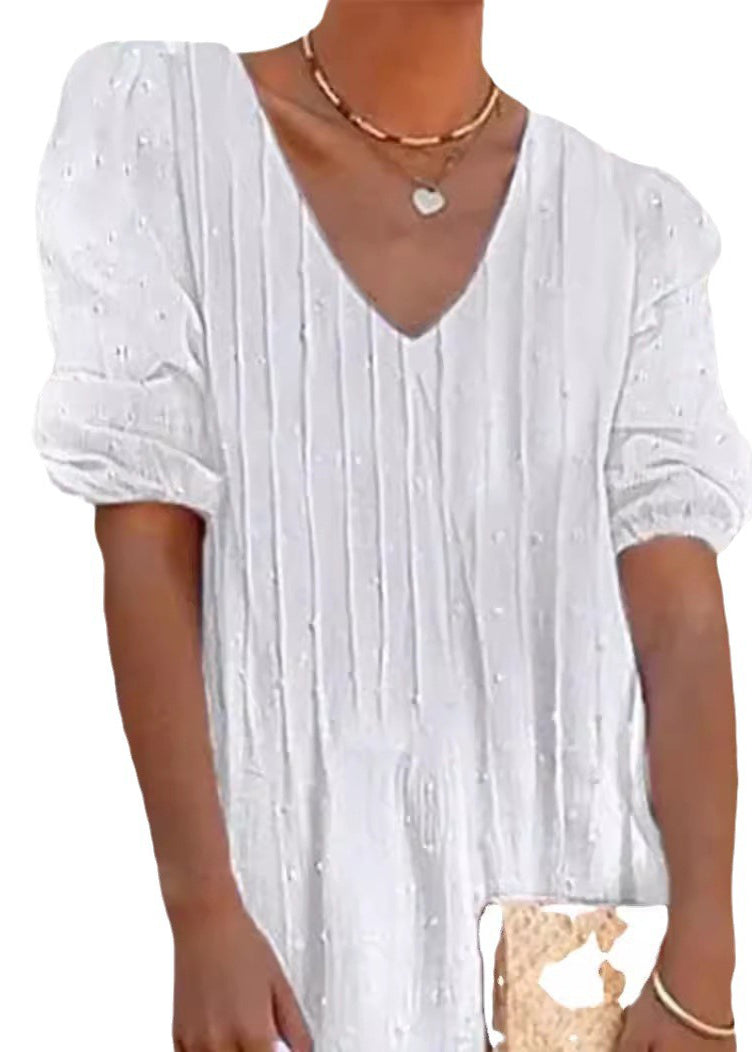 V-Neck Puff Sleeve Pintuck Swiss Dot Crochet Lace Hem Mini Dress 5