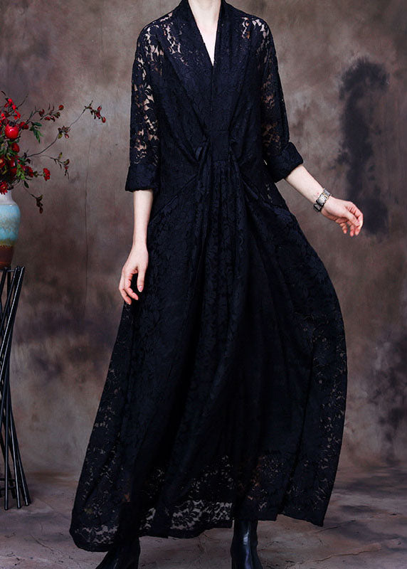 Deep V Wrap-Front Three-Quarter Sleeve Floral Lace Maxi Dress