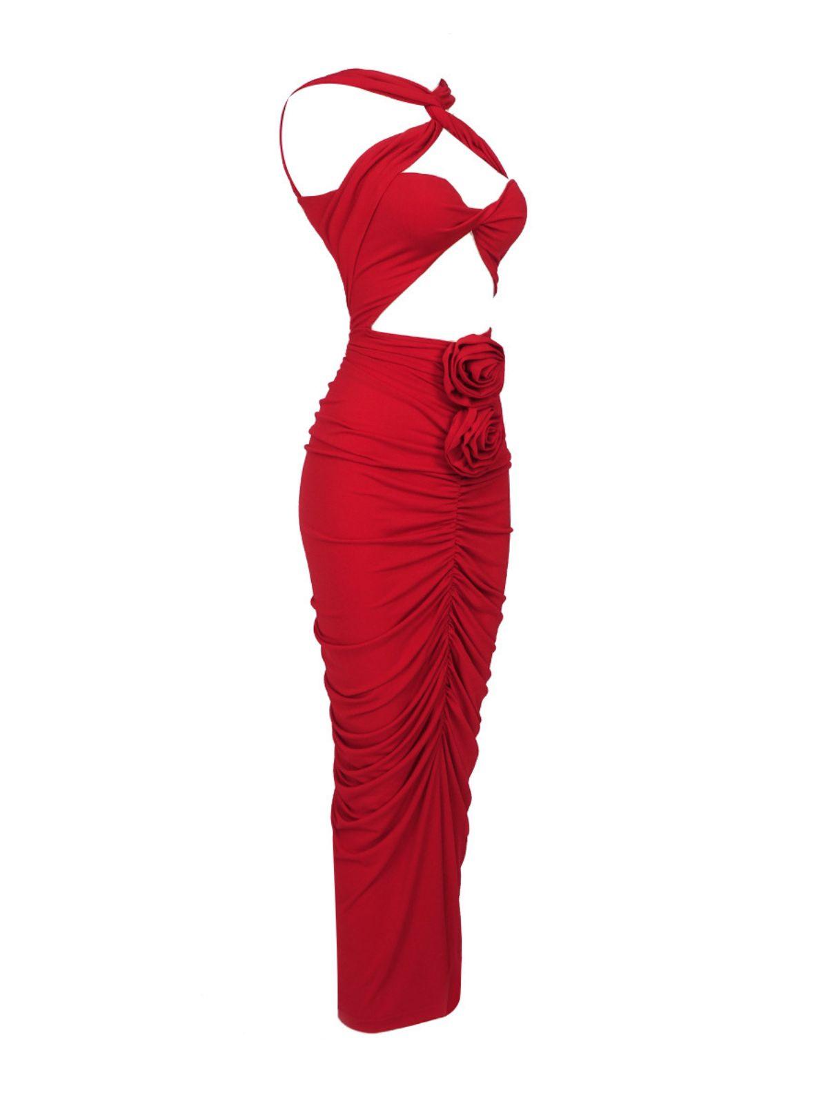 Cross Halter Cutout Maxi Dress with 3D Rosette Appliques and Ruched Skirt 7