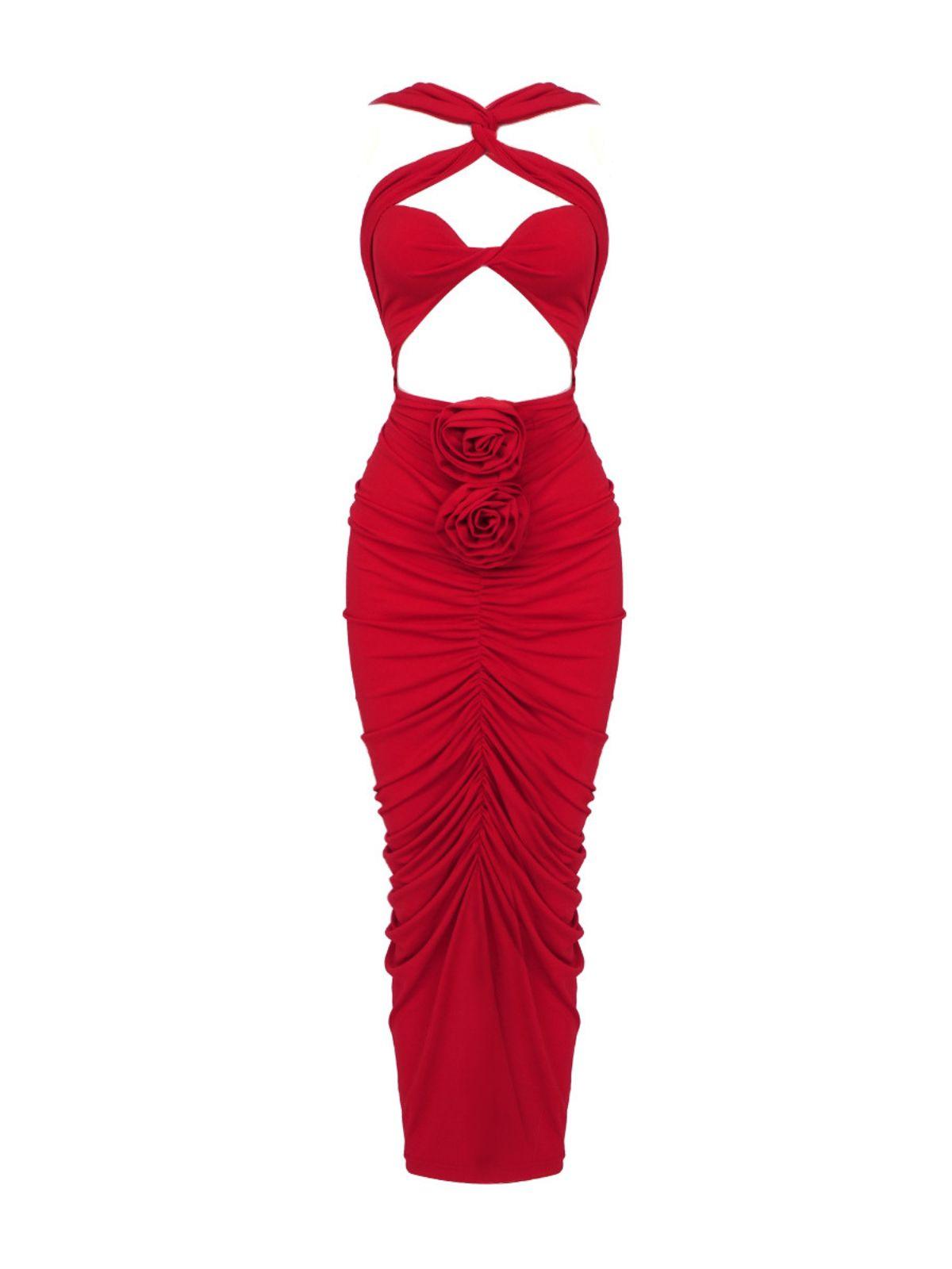 Cross Halter Cutout Maxi Dress with 3D Rosette Appliques and Ruched Skirt 6