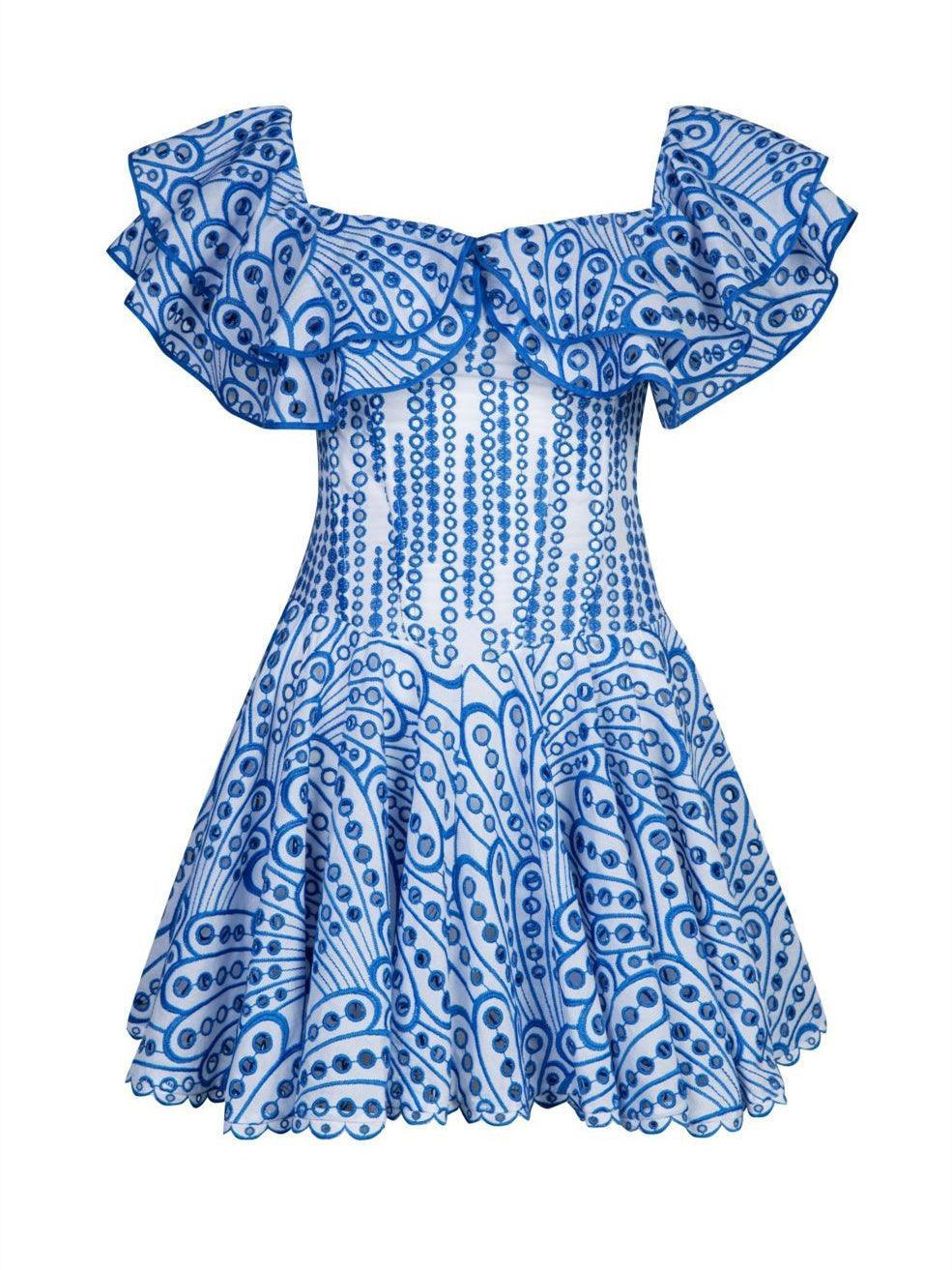 Off Shoulder Ruffle Trim Eyelet Embroidered Scallop Hem Mini Dress 6