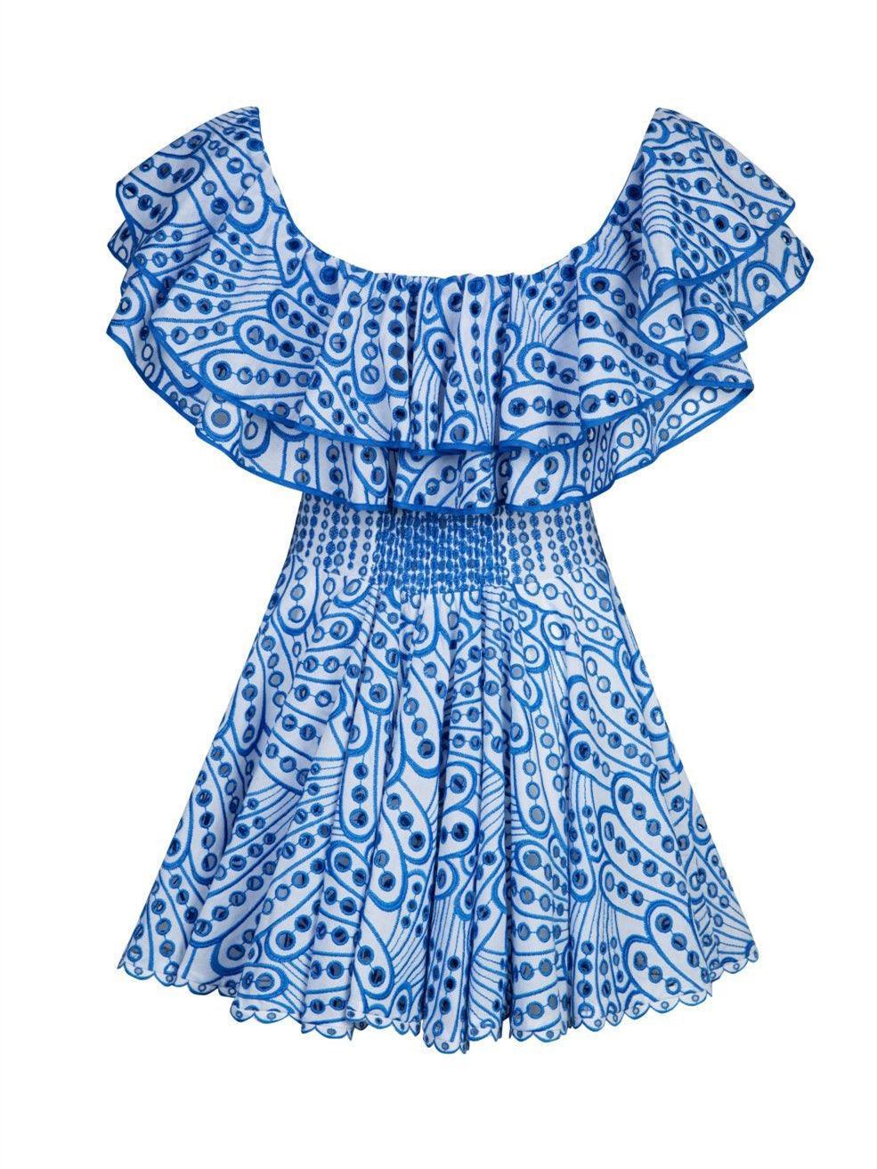Off Shoulder Ruffle Trim Eyelet Embroidered Scallop Hem Mini Dress 7