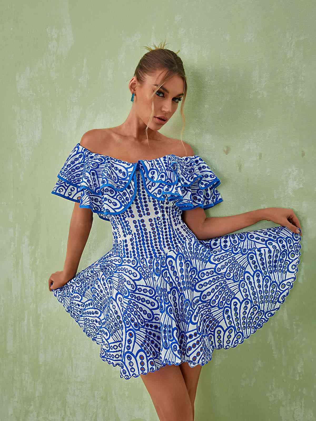 Off Shoulder Ruffle Trim Eyelet Embroidered Scallop Hem Mini Dress 4