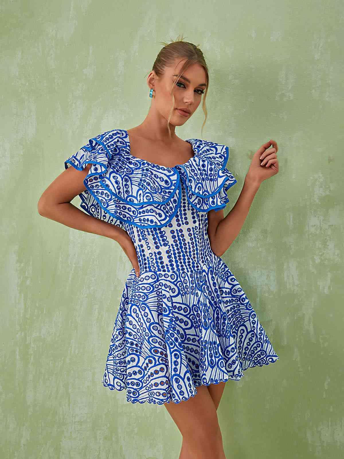 Off Shoulder Ruffle Trim Eyelet Embroidered Scallop Hem Mini Dress 3
