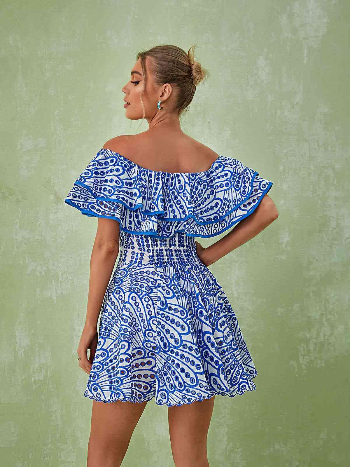 Off Shoulder Ruffle Trim Eyelet Embroidered Scallop Hem Mini Dress 5