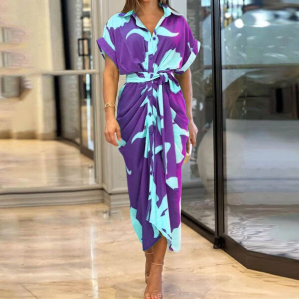 Collared Button Front Belted Draped Abstract Leaf Print Midi Dress