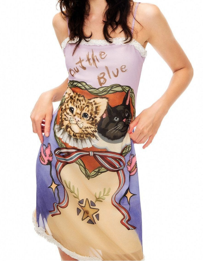 Spaghetti Strap Lace Trim Cat Heart Graphic Slip Mini Dress 3