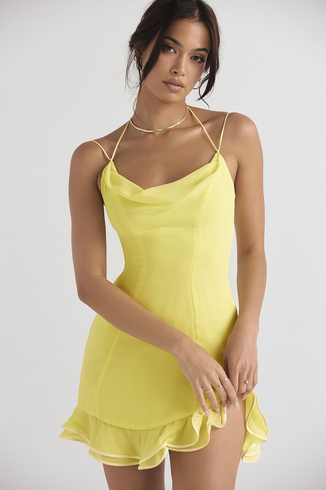 Cowl Neck Halter Spaghetti Strap Double Ruffle Hem Mini Dress
