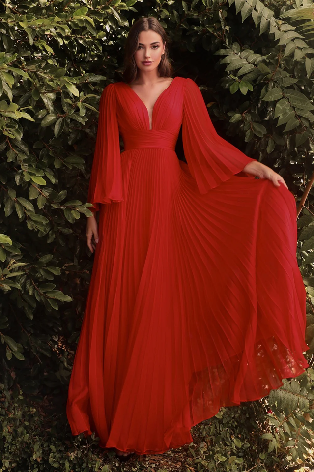 Accordion Pleat Plunging V-Neck Bell Sleeve Cinched Waist A-Line Maxi Gown 15