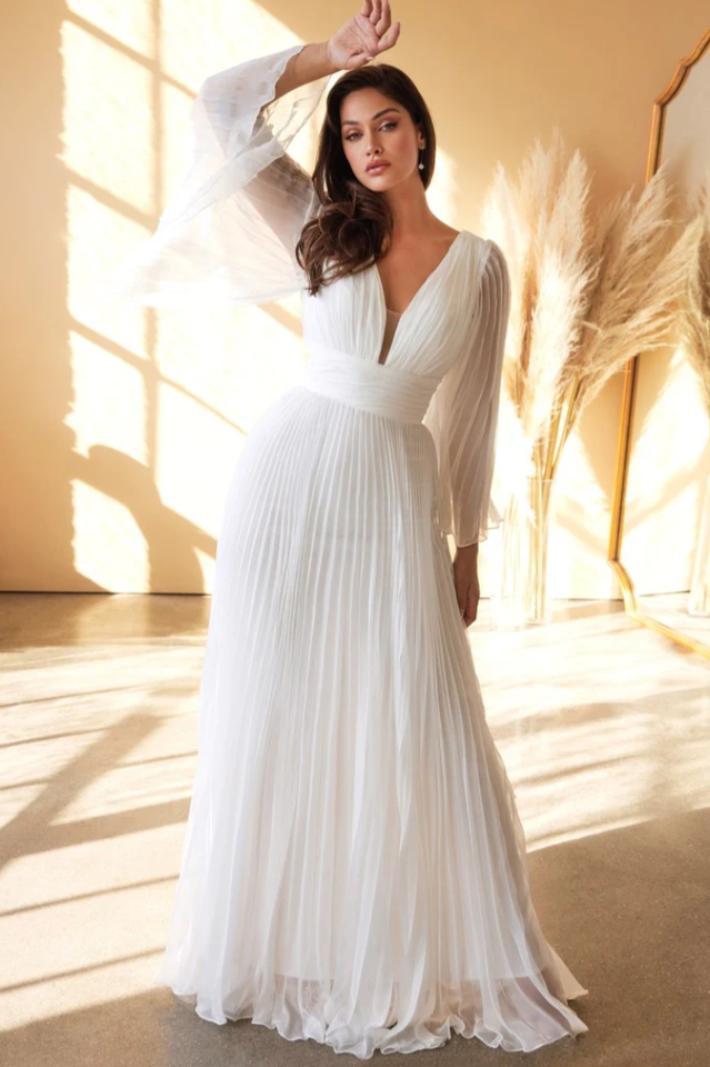 Accordion Pleat Plunging V-Neck Bell Sleeve Cinched Waist A-Line Maxi Gown 2