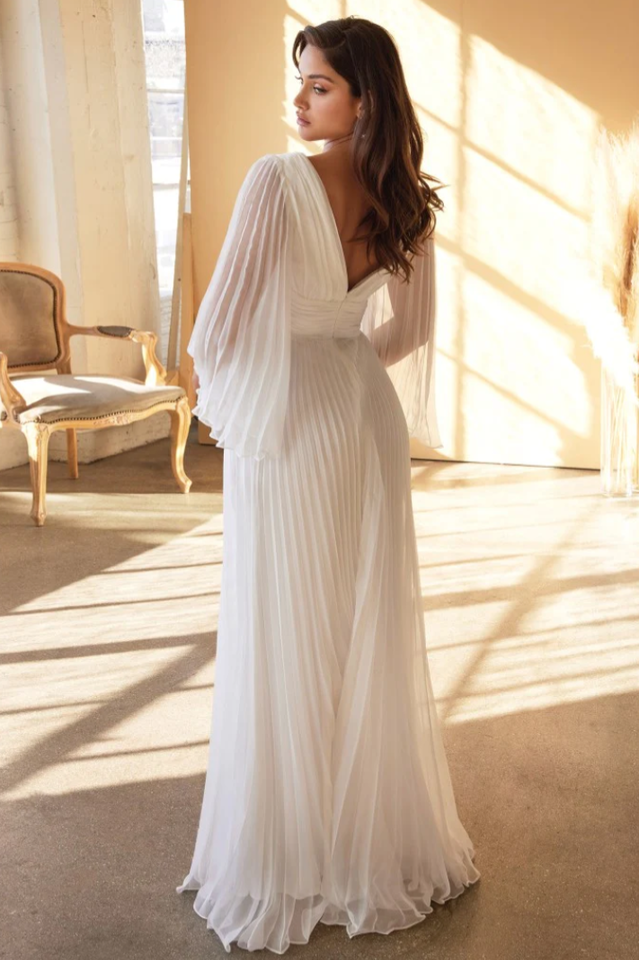Accordion Pleat Plunging V-Neck Bell Sleeve Cinched Waist A-Line Maxi Gown 3