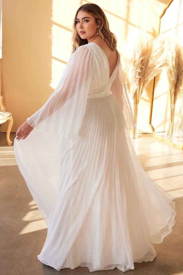 Accordion Pleat Plunging V-Neck Bell Sleeve Cinched Waist A-Line Maxi Gown 10