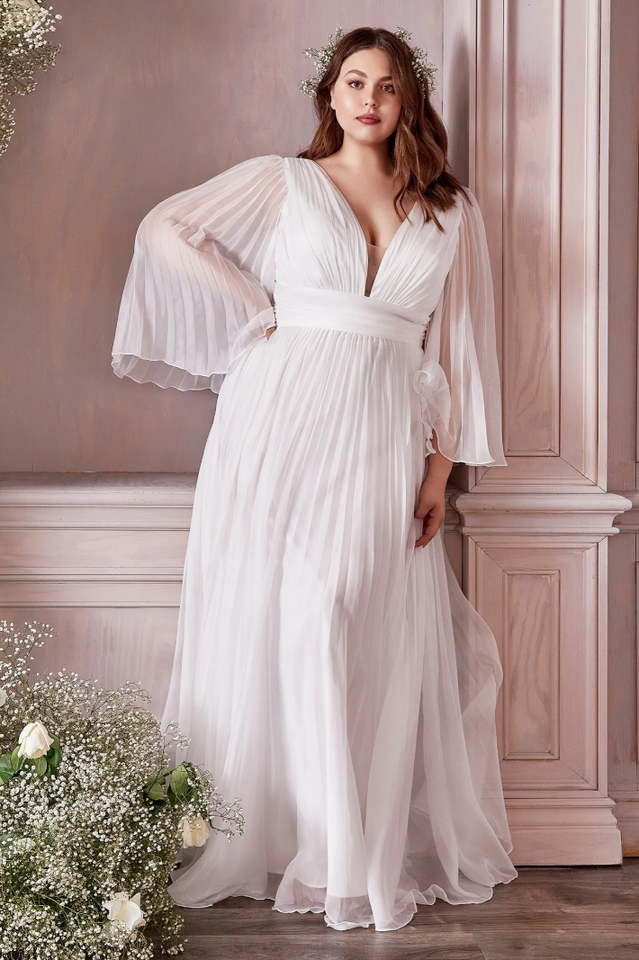 Accordion Pleat Plunging V-Neck Bell Sleeve Cinched Waist A-Line Maxi Gown 11