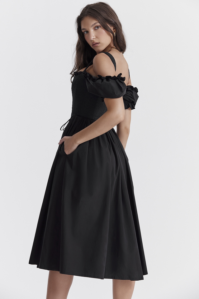 Eyelet Lace-Up Corset Puff Sleeve Cold Shoulder Fit-and-Flare Midi Dress 8