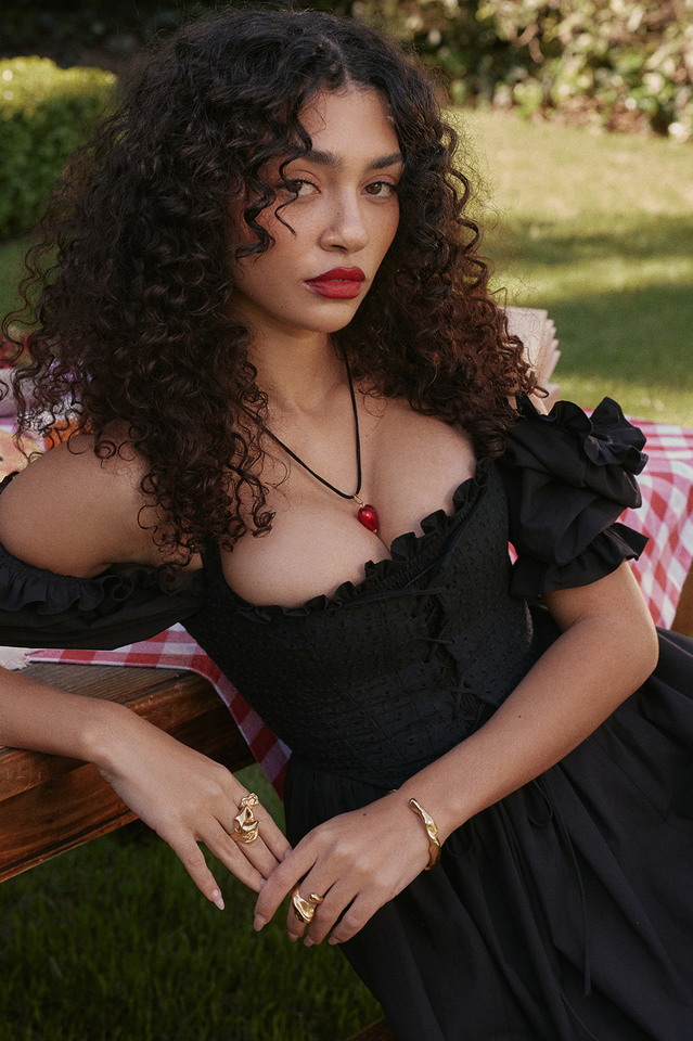Eyelet Lace-Up Corset Puff Sleeve Cold Shoulder Fit-and-Flare Midi Dress 12