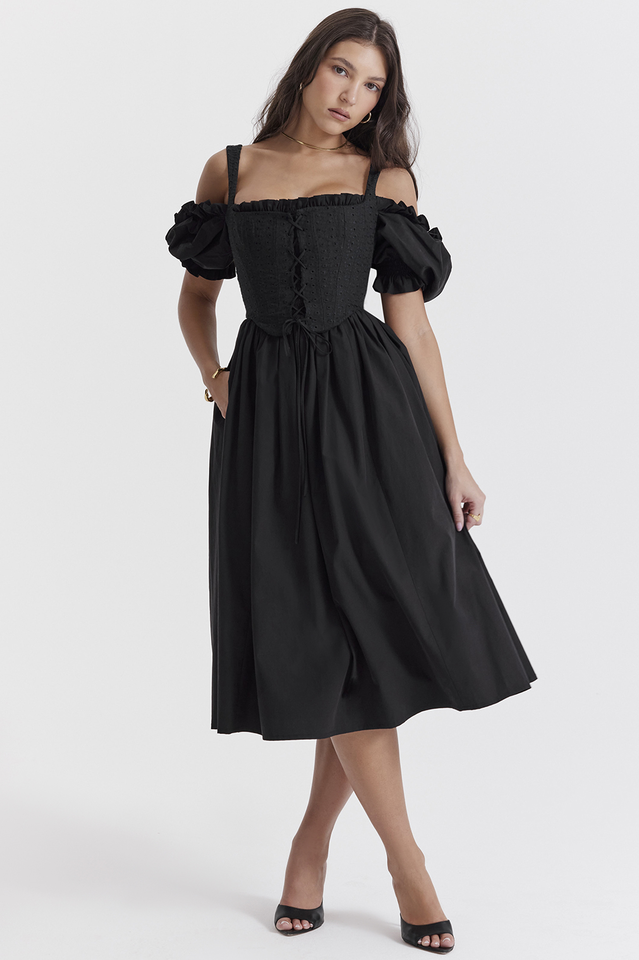 Eyelet Lace-Up Corset Puff Sleeve Cold Shoulder Fit-and-Flare Midi Dress 2