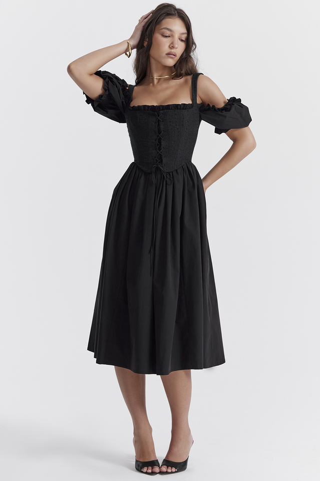 Eyelet Lace-Up Corset Puff Sleeve Cold Shoulder Fit-and-Flare Midi Dress 4