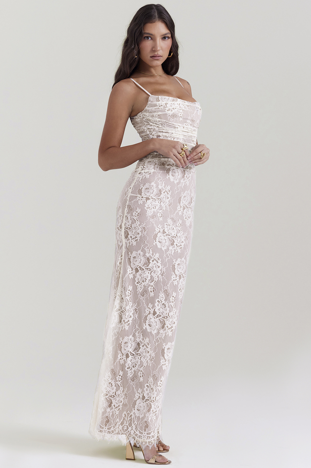 Square Neck Spaghetti Strap Floral Lace Scalloped Hem Maxi Dress with Long Sleeve Bolero 3