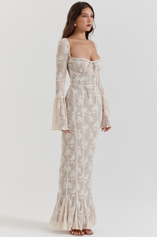 Floral Lace Sweetheart Bow Corset Bell Sleeve Mermaid Maxi Gown 4