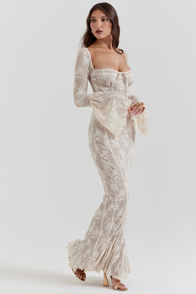 Floral Lace Sweetheart Bow Corset Bell Sleeve Mermaid Maxi Gown 3